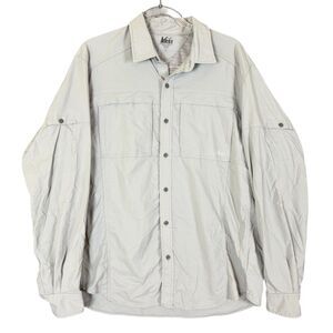REI Shirt Mens Lt Gray Nylon Mesh Vented Stretch Hiking L/S Button Up Fishing, L